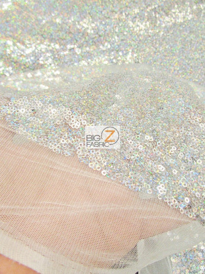 Mini Disc Sequin Nylon Mesh Fabric / Holographic Shiny Silver On White Mesh / Sold By The Yard