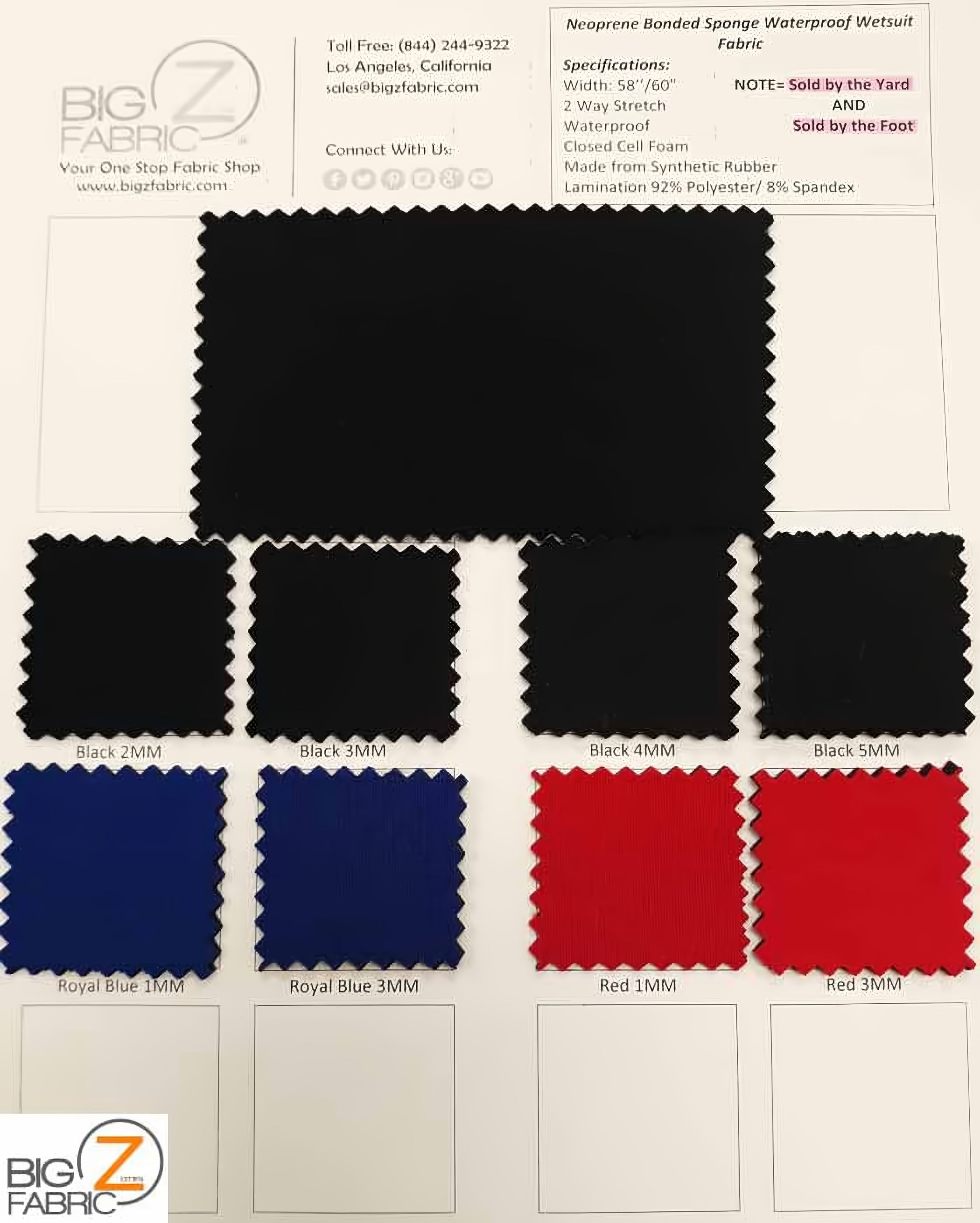 Neoprene Bonded Sponge Waterproof Wetsuit Fabric - Big Z Color Card