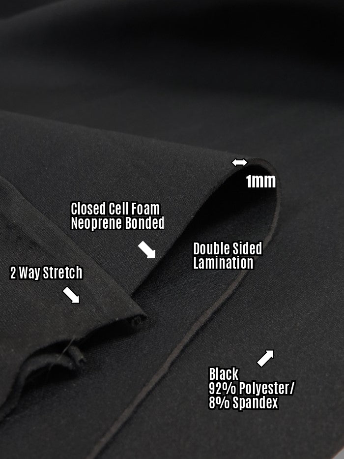 Neoprene Bonded Sponge Waterproof Wetsuit Fabric / 1mm Black / Sold By The Foot