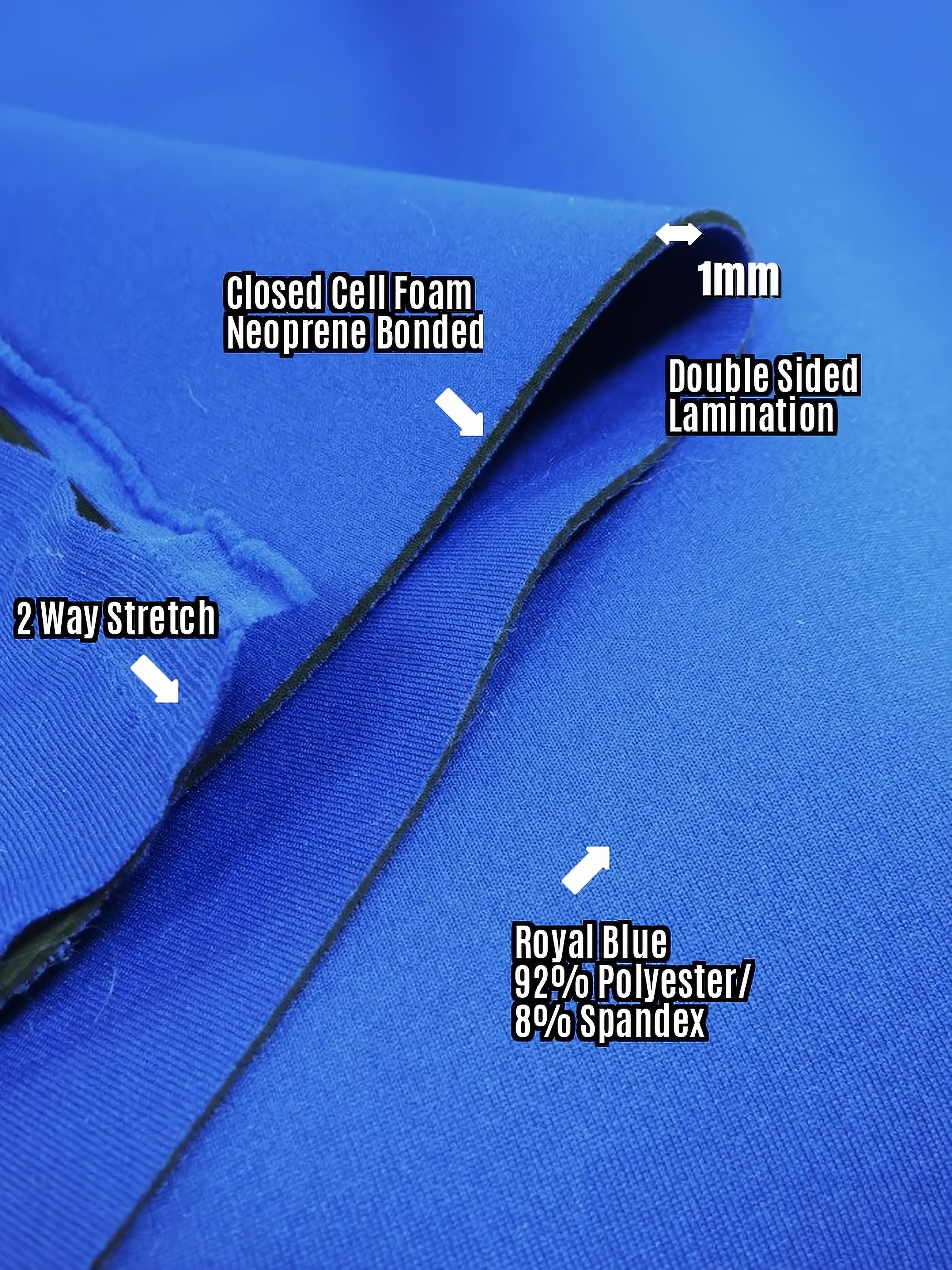 Neoprene Bonded Sponge Waterproof Wetsuit Fabric / 1mm Royal Blue / Sold By The Yard