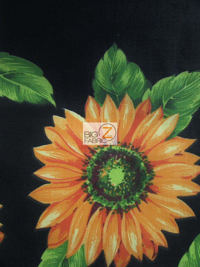 Poly Cotton Printed Fabric Sunflower Flower / Black By The Yard