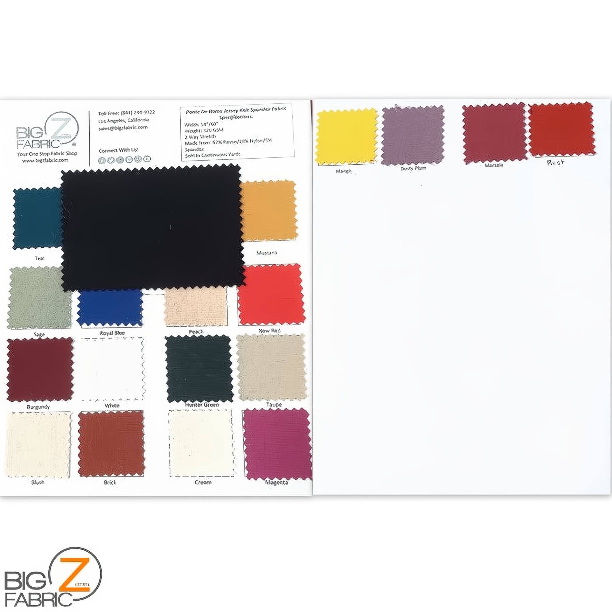Ponte De Roma Jersey Knit Spandex Fabric - COLOR CARD by the Yard | Big ...