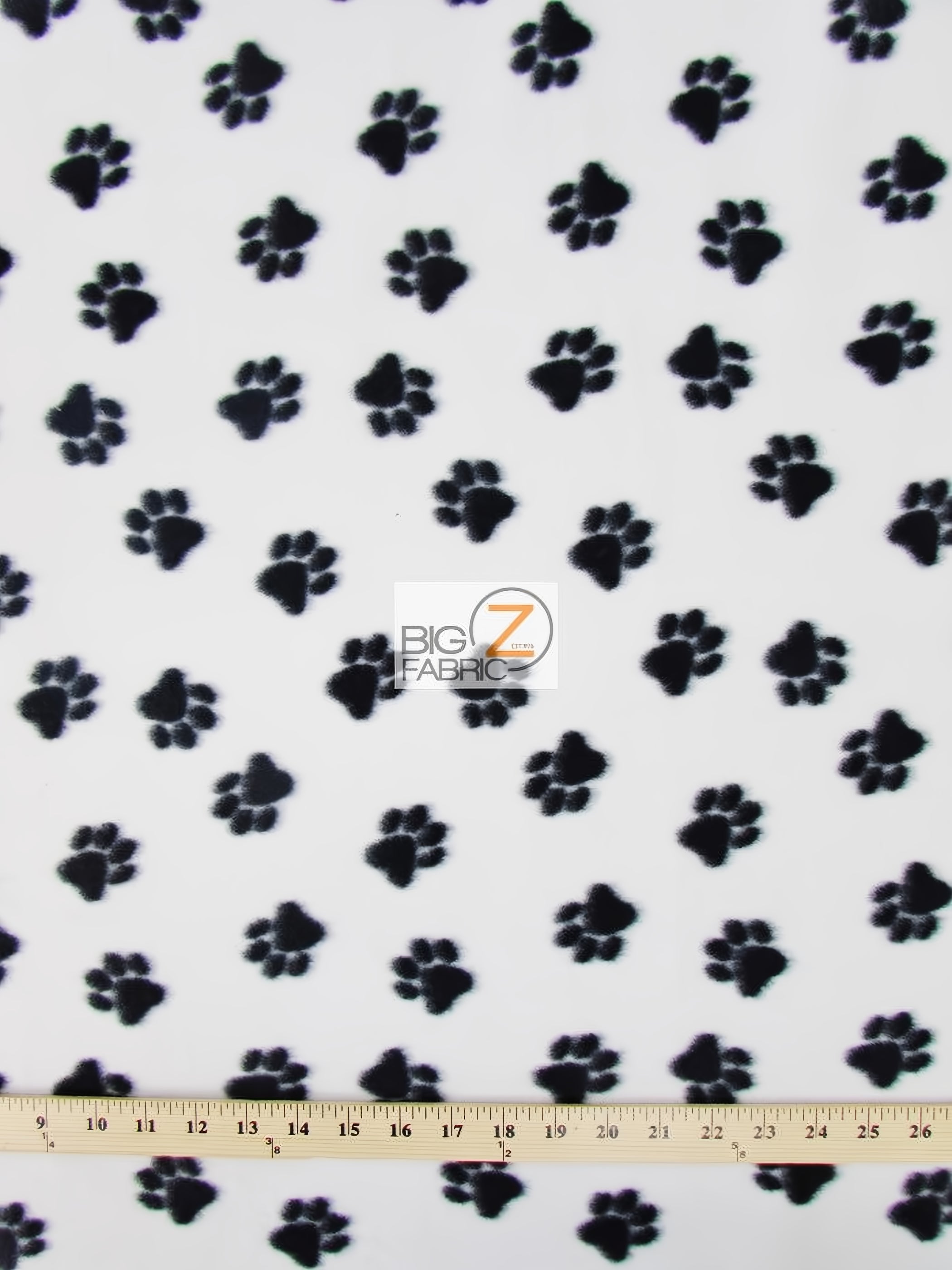 Fleece Printed Fabric Animal Paw / White/Black Paws / Sold By The Yard