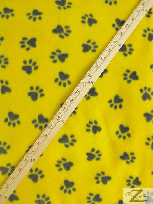 Fleece Printed Fabric Animal Paw / Yellow/Black Paws / Sold By The Yard