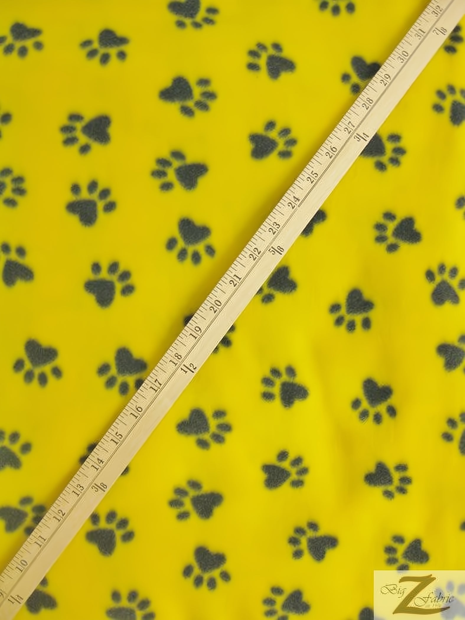 Fleece Printed Fabric Animal Paw / Yellow/Black Paws / Sold By The Yard