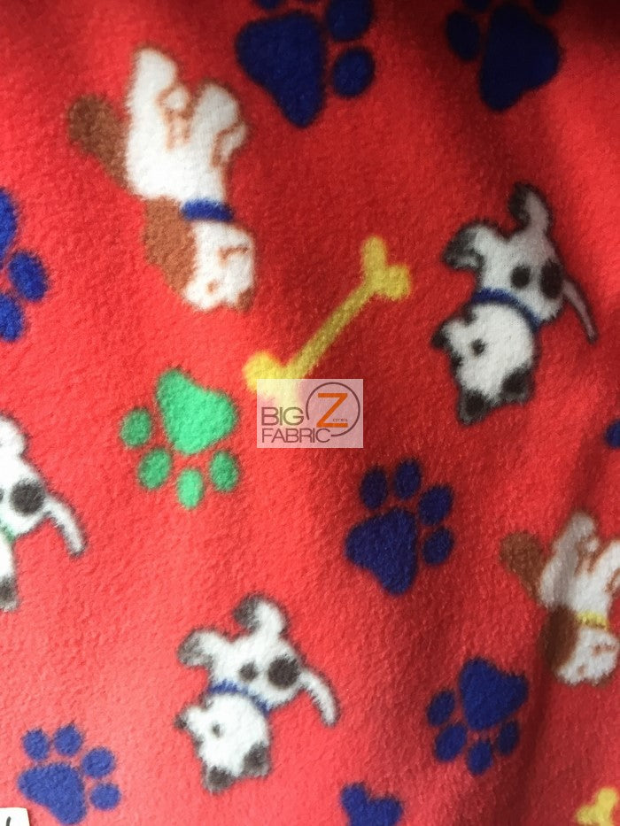 Paw Print Polar Fleece Fabric / Paw & Dogs Red / Sold By The Yard