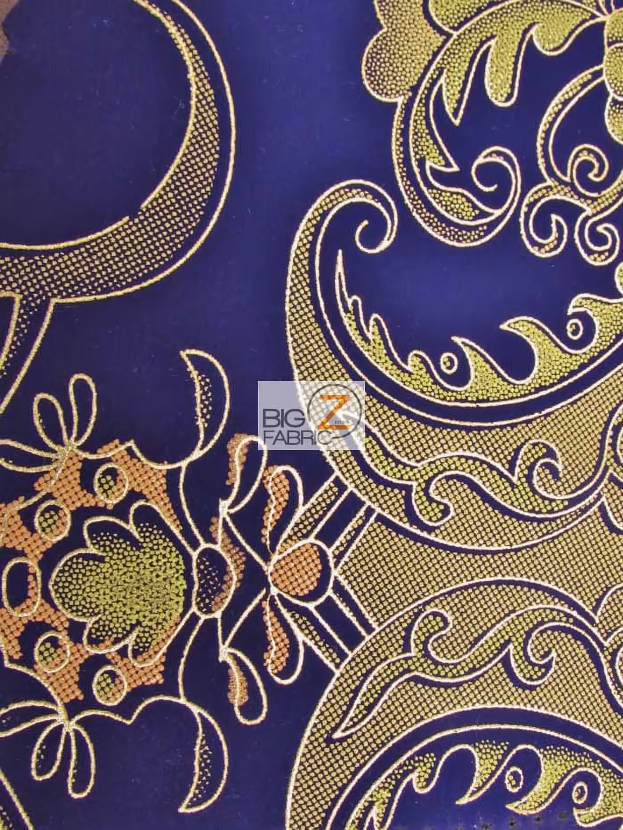 Royal Damask Flocking Velvet Upholstery Fabric / Purple/Gold / Sold By The Yard