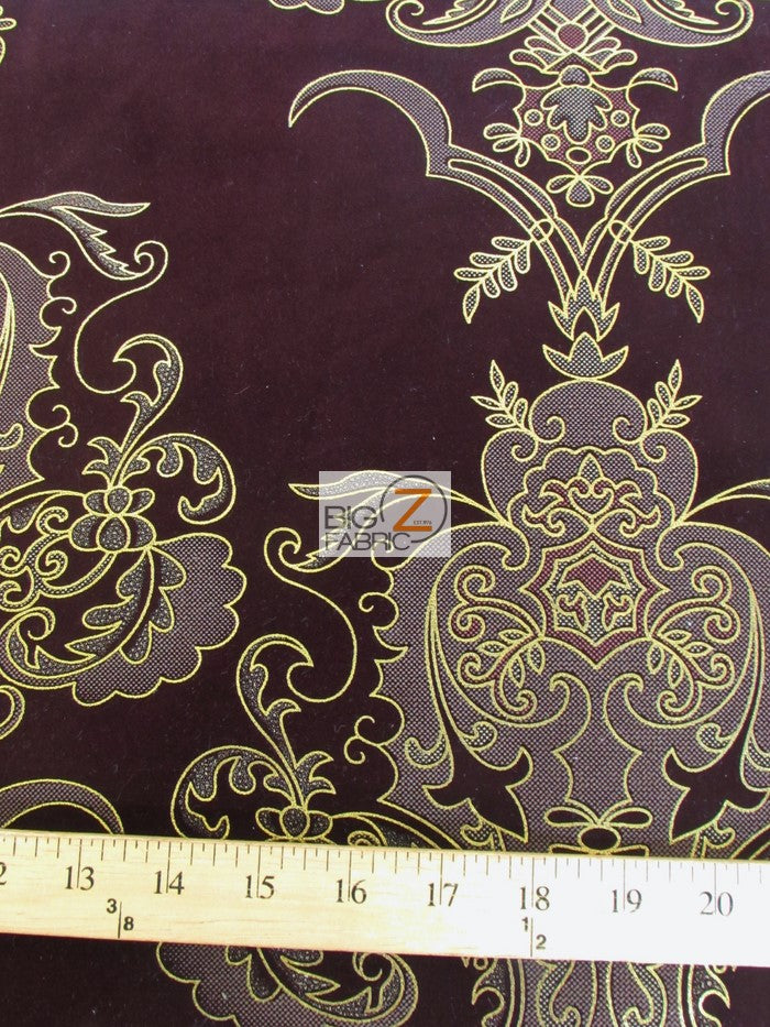 Royal Damask Flocking Velvet Upholstery Fabric / Purple/Gold / Sold By The Yard