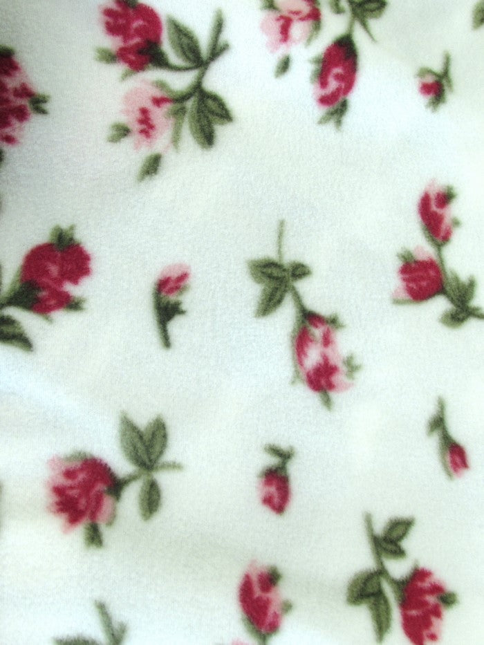 Fleece Printed Fabric Flower Rose / White/Red Roses / Sold By The Yard