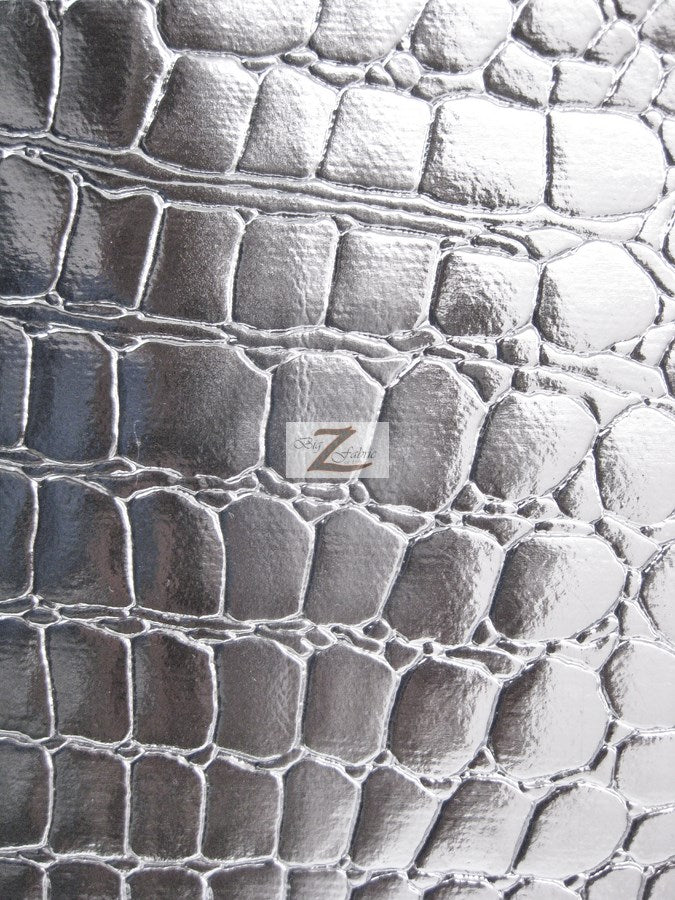 Silver Vinyl Embossed Shiny Alligator Fabric / Sold By The Yard - 0
