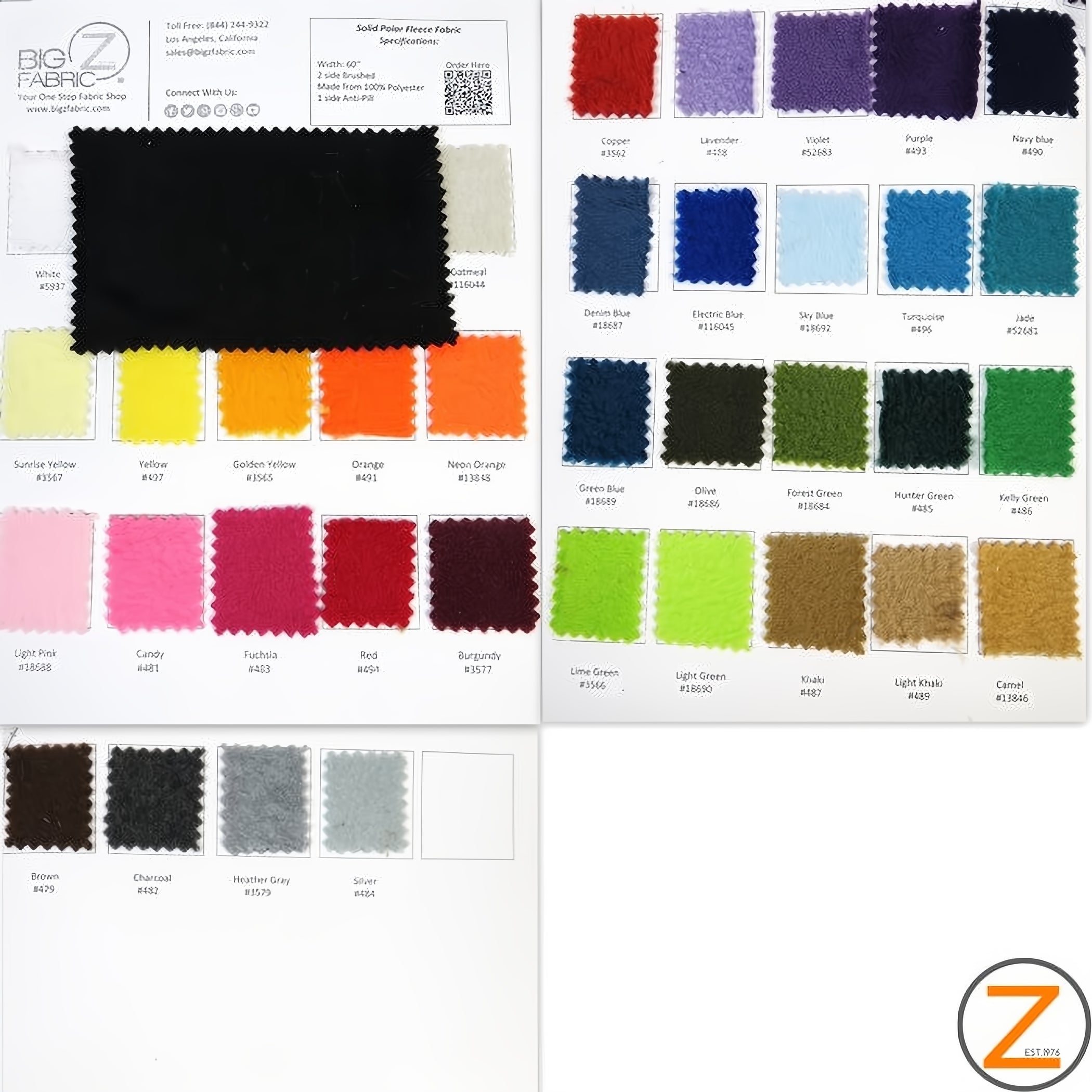 Fleece Fabric Solid - BIG Z COLOR CARD by the Yard | Big Z Fabric