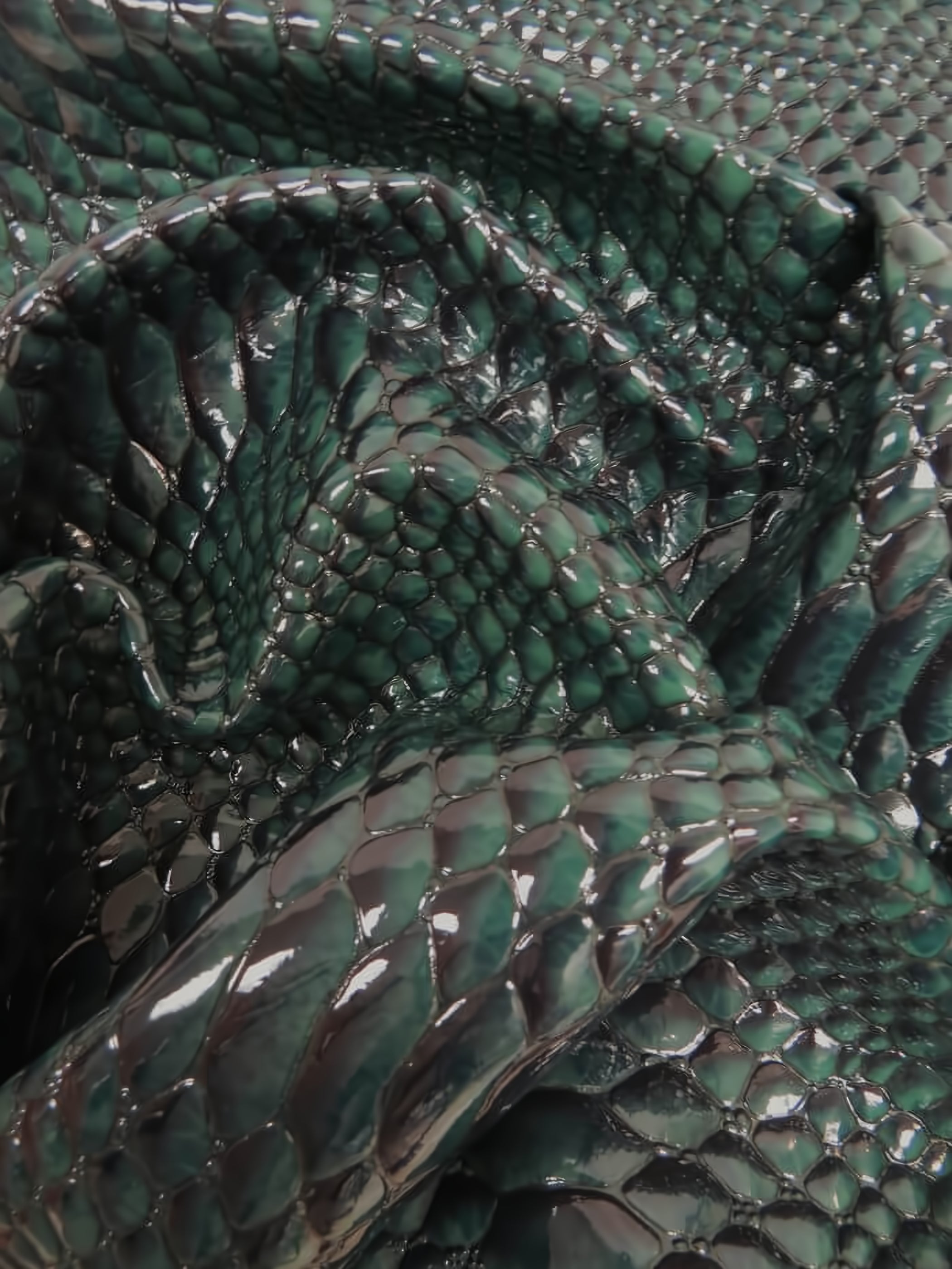 Samurai Green Shiny 3D Serpent Snake Embossed Vinyl Fabric / Sold by the Yard