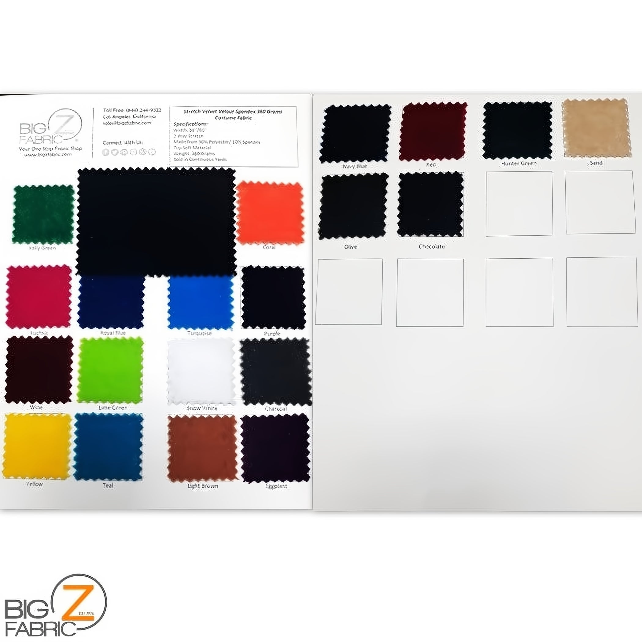 Stretch Velvet Velour Spandex 360 Grams Costume Fabric - COLOR CARD by ...
