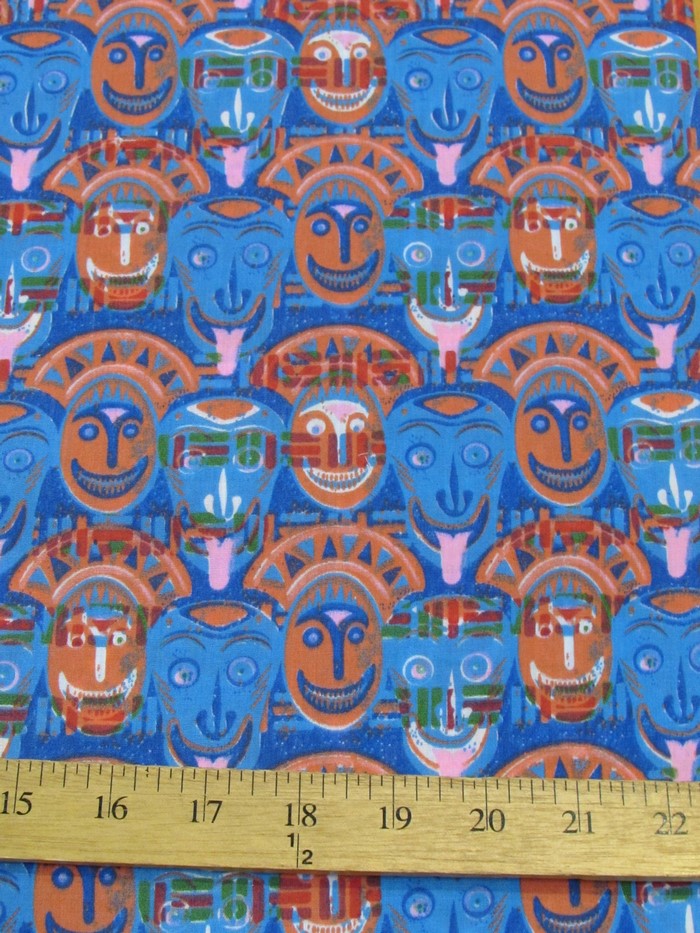 African Cultural Masks Printed Poly Cotton Fabric / Multi-Blue / Sold By The Yard