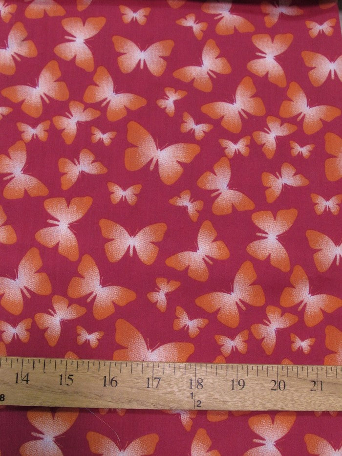 Butterflies Printed Poly Cotton Fabric / Dark Fuchsia / Sold By The Yard