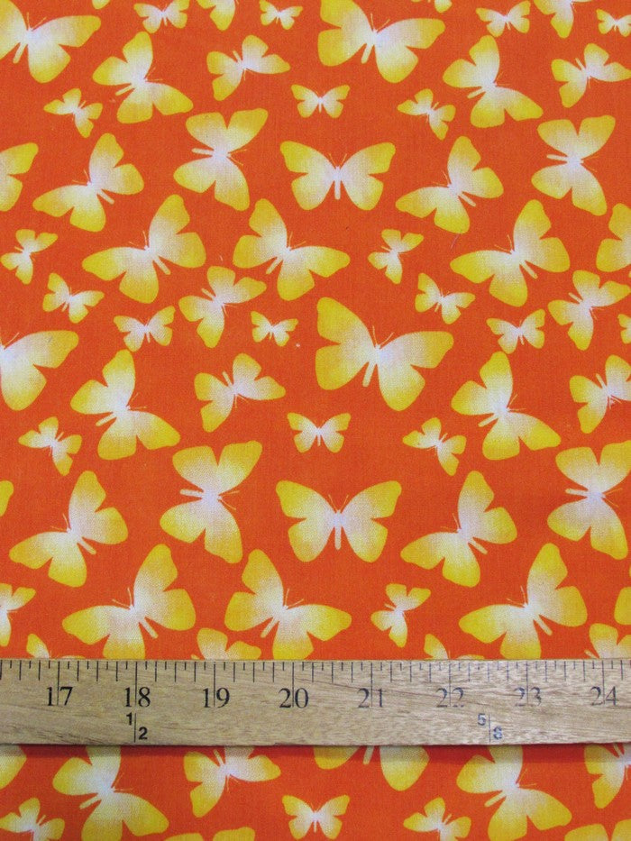 Butterflies Printed Poly Cotton Fabric / Orange / Sold By The Yard