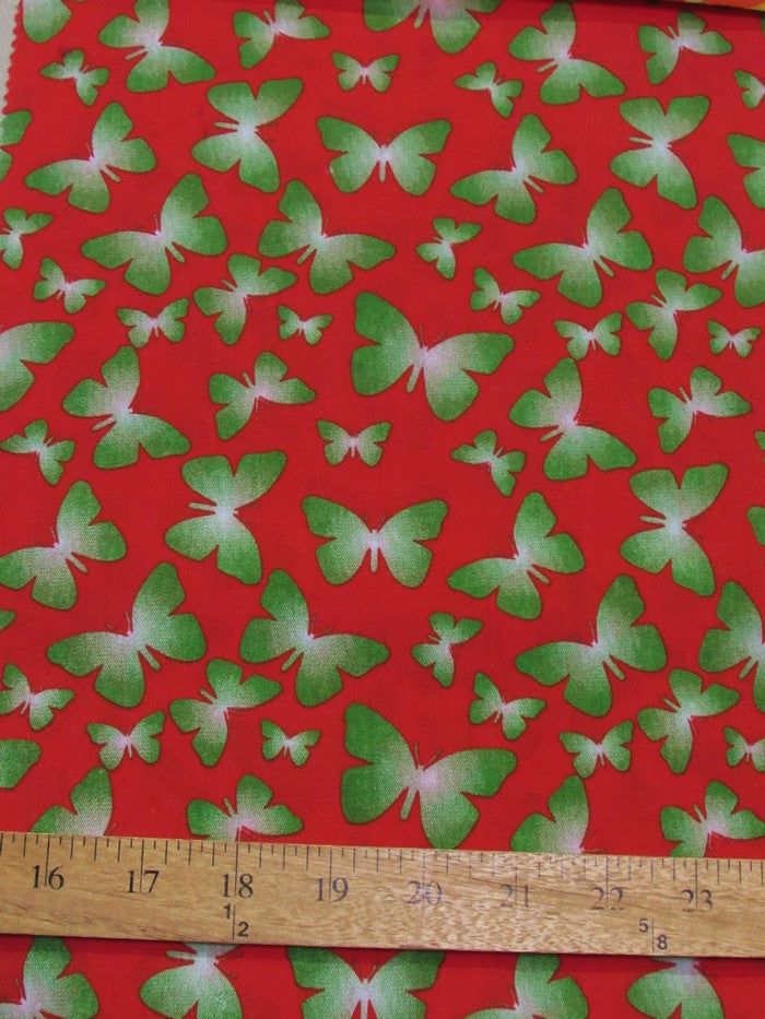 Butterflies Printed Poly Cotton Fabric / Red / Sold By The Yard
