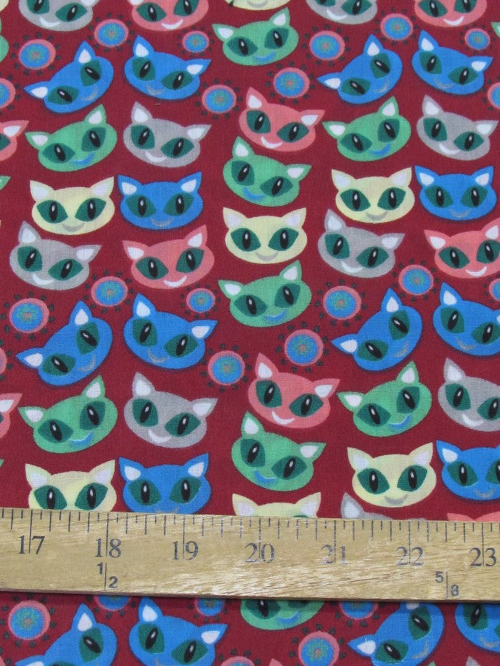 Poly Cotton Printed Fabric Halloween Cats / Burgundy / Sold By The Yard