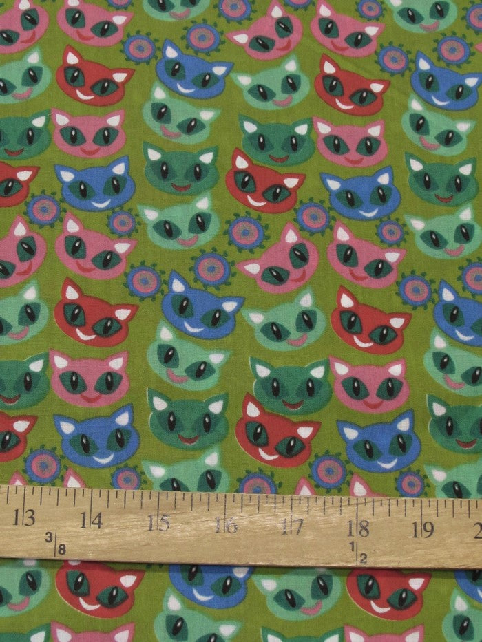 Poly Cotton Printed Fabric Halloween Cats / Olive / Sold By The Yard