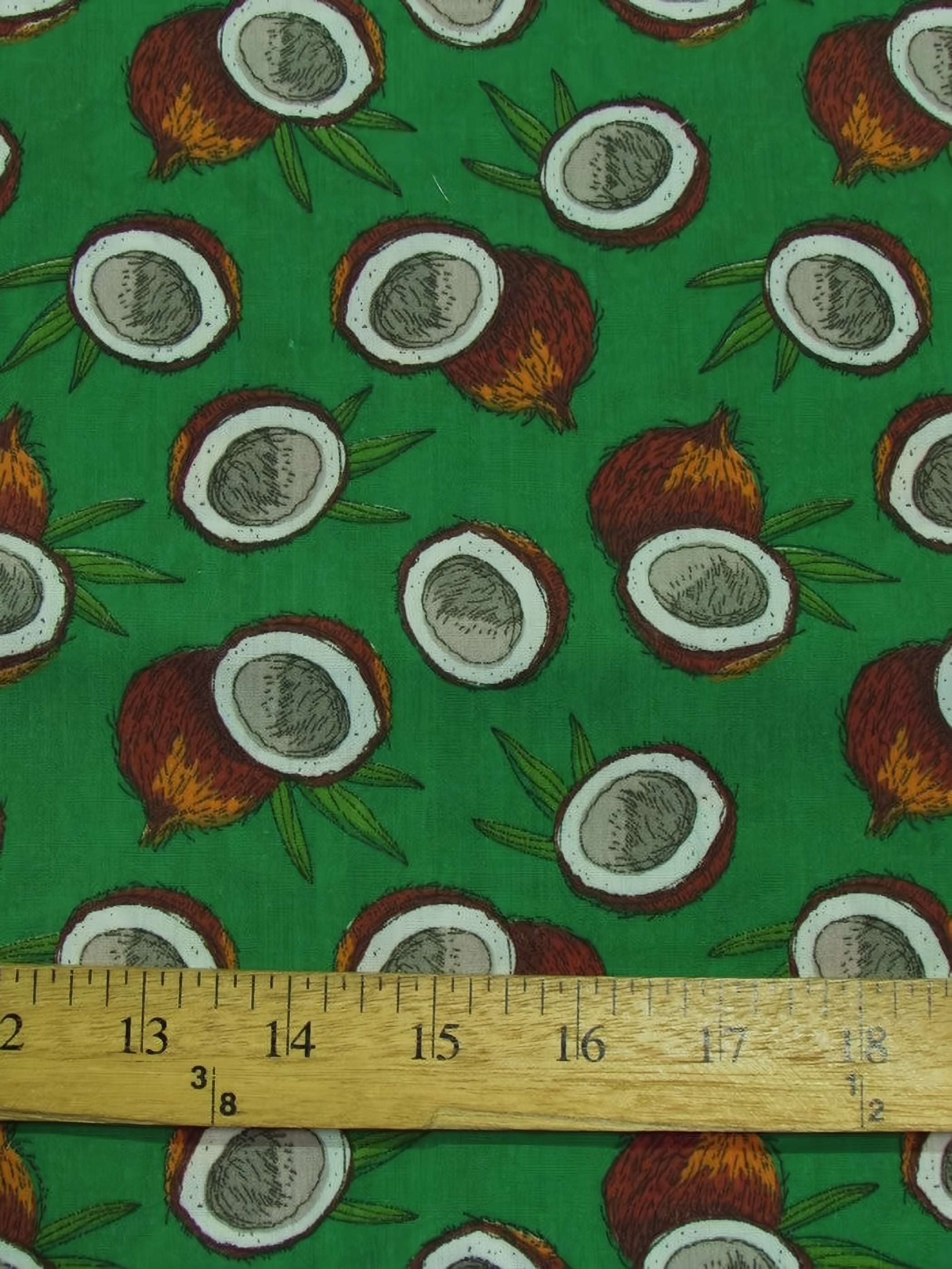 Poly Cotton Printed Fabric Fruit Coconut / Green / Sold By The Yard