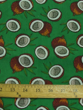 Poly Cotton Printed Fabric Fruit Coconut / Green / Sold By The Yard