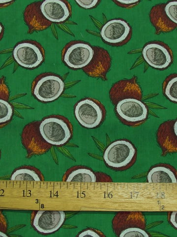Poly Cotton Printed Fabric Fruit Coconut / Green / Sold By The Yard