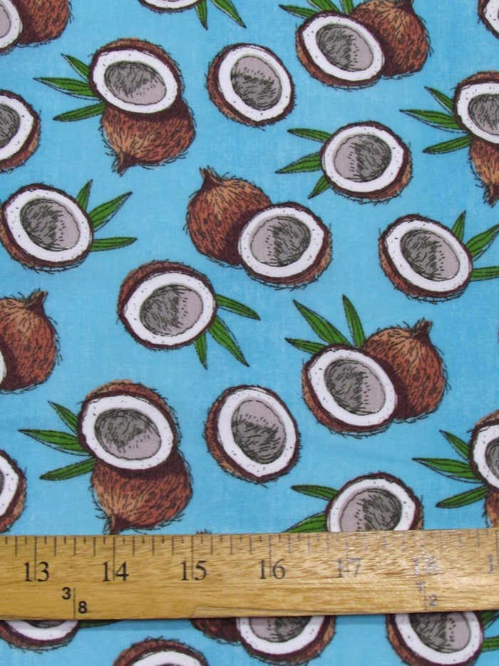 Poly Cotton Printed Fabric Fruit Coconut / Turquoise / Sold By The Yard