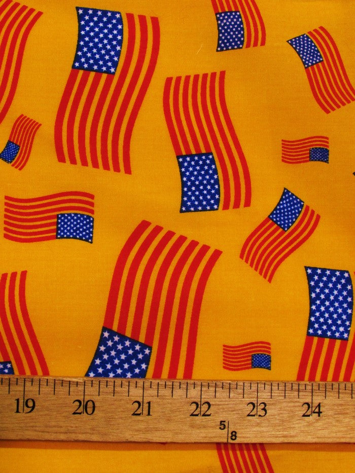 American Flags Poly Cotton Printed Fabric / Mustard / Sold By The Yard