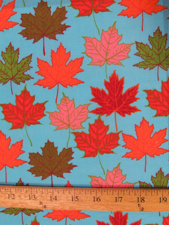 Autumn Leaves Printed Poly Cotton Fabric / Turquoise / Sold By The Yard