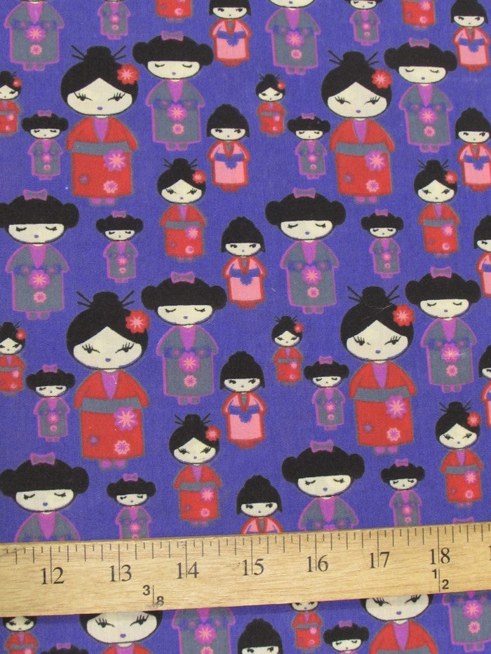 Oriental Geisha Cultural Printed Poly Cotton Fabric / Purple / Sold By The Yard