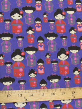 Oriental Geisha Cultural Printed Poly Cotton Fabric / Purple / Sold By The Yard