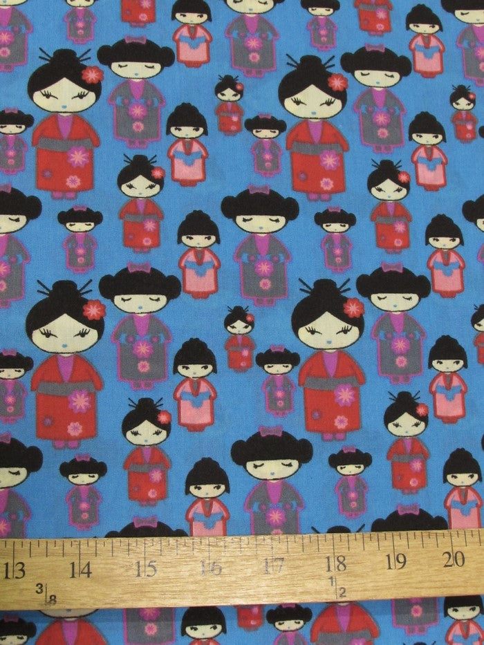 Oriental Geisha Cultural Printed Poly Cotton Fabric / Turquoise / Sold By The Yard