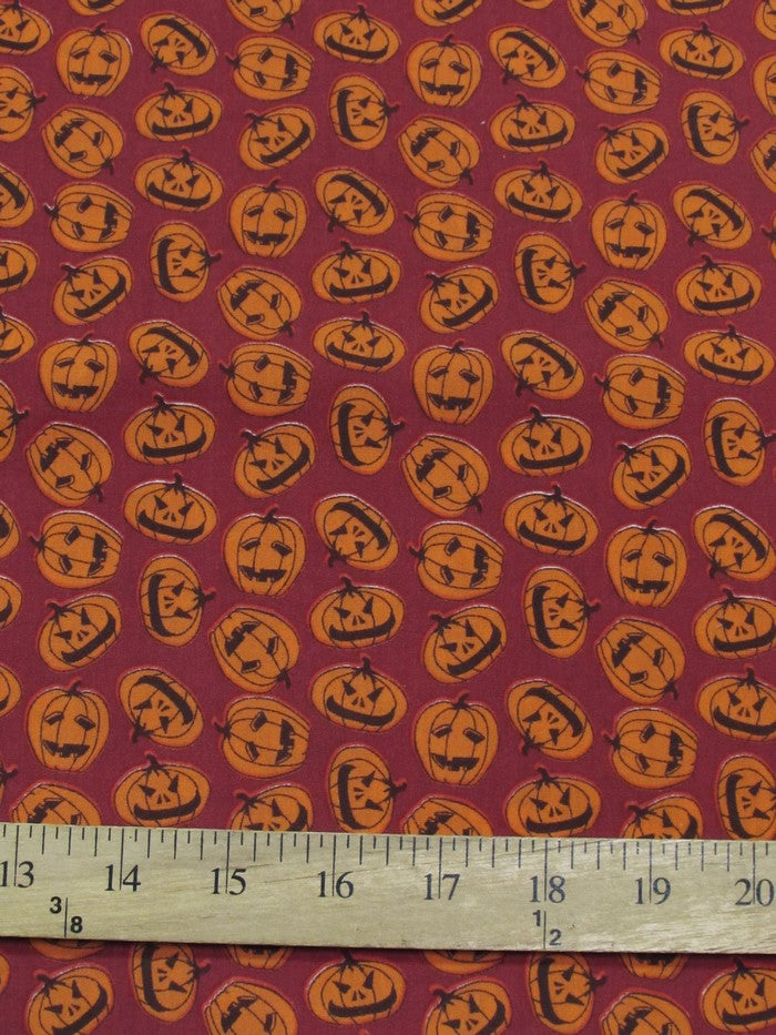 Poly Cotton Printed Fabric Halloween Pumpkins / Burgundy / Sold By The Yard