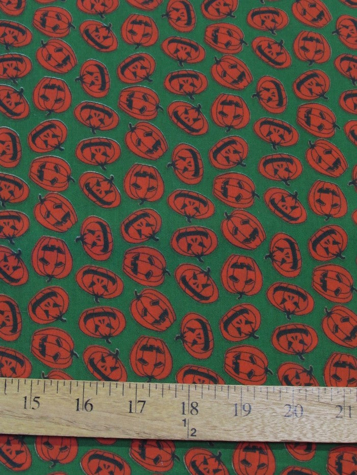 Poly Cotton Printed Fabric Halloween Pumpkins / Green / Sold By The Yard