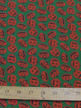 Poly Cotton Printed Fabric Halloween Pumpkins / Green / Sold By The Yard