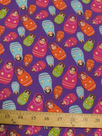 Russian Matryoshka Doll Printed Poly Cotton Fabric / Magenta / Sold By The Yard