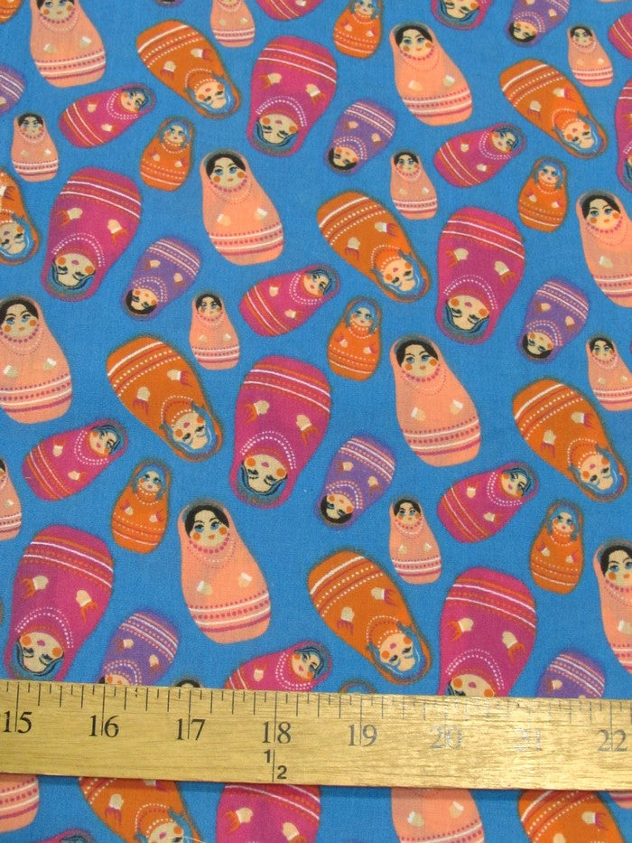 Russian Matryoshka Doll Printed Poly Cotton Fabric / Turquoise / Sold By The Yard