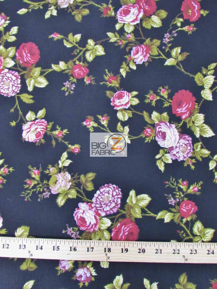 Poly Cotton Printed Fabric Daffodils Flower / Black / Sold By The Yard