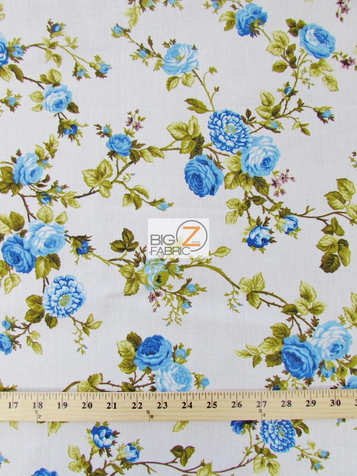 Poly Cotton Printed Fabric Daffodils Flower / Blue / Sold By The Yard