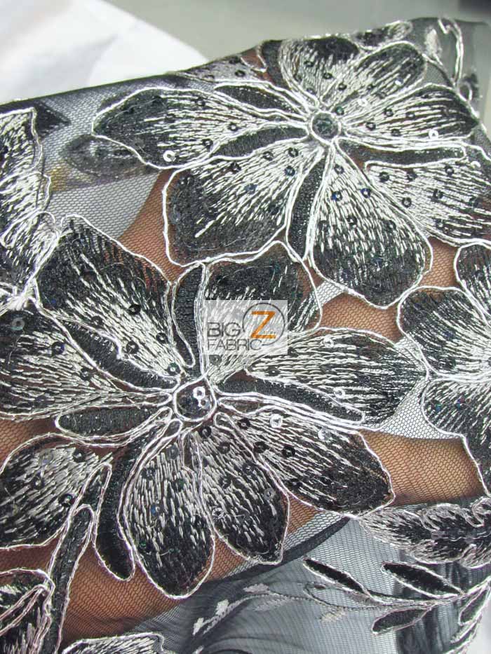 2 Tone Metallic Carnation Floral Sequins Fabric / Mint/White / Sold By The Yard