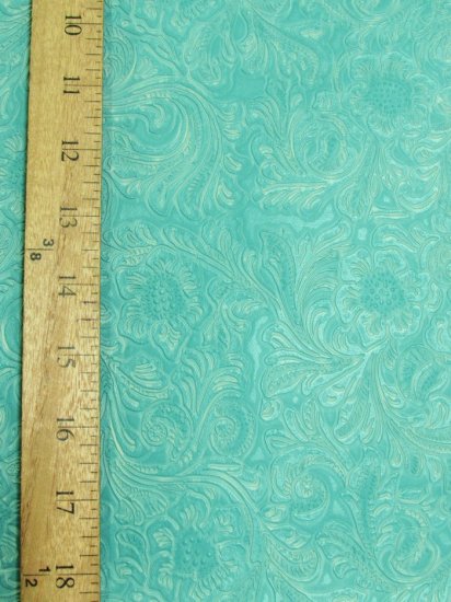 Caribbean Blue Vintage Western Floral Pu Leather Fabric - 0