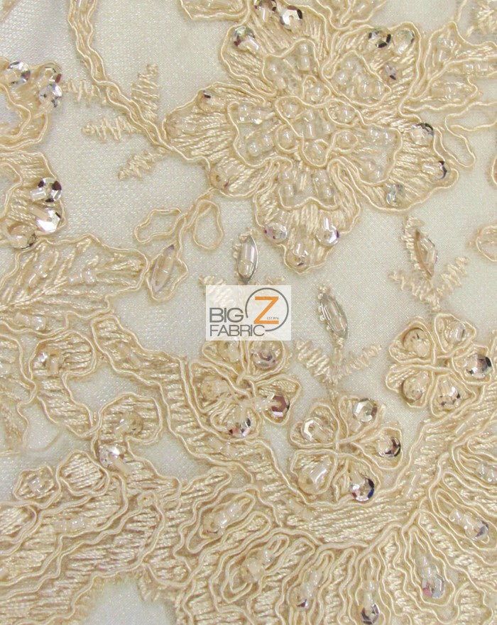 Vintage Italian Floral Beaded Sequins Fabric / Champagne / Sold By The Yard