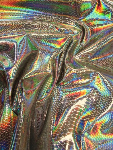 Viper Snake Holographic Embossed PVC Vinyl Fabric / Steel / Sold By The Yard
