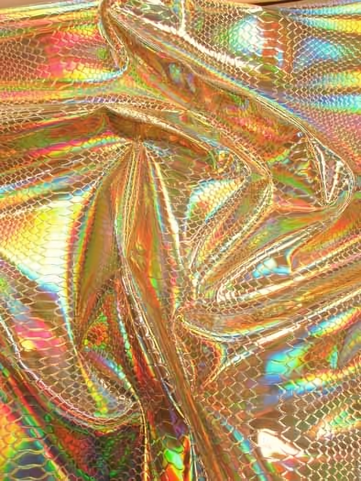 Viper Snake Holographic Embossed PVC Vinyl Fabric / Gold / Sold By The Yard