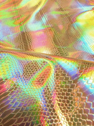 Viper Snake Holographic Embossed PVC Vinyl Fabric / Gold / Sold By The Yard
