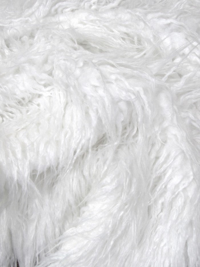 White Curly Solid Mongolian Long Pile Faux Fur Fabric / Sold By The Yard