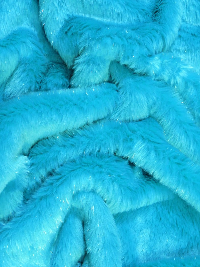 Tinsel Tip Short Shag Faux Fur / Turquoise  Silver / Sold By The Yard