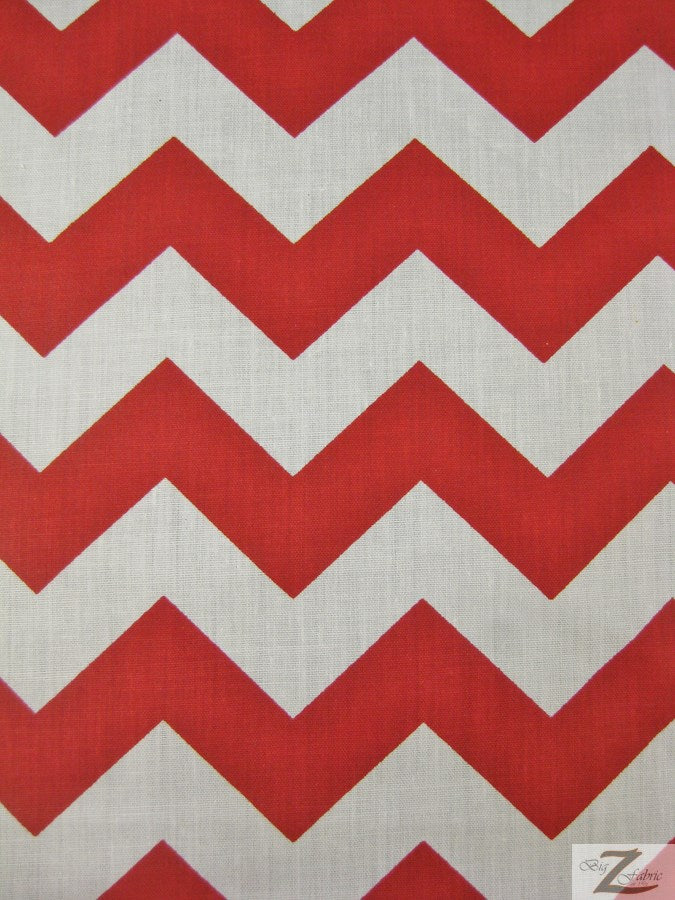 Poly Cotton Fabric 1" Zig Zag Chevron / White/Red / Sold By The Yard
