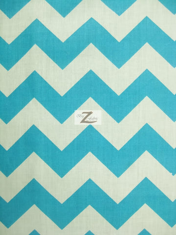 Poly Cotton Fabric 1" Zig Zag Chevron / White/Turquoise / Sold By The Yard