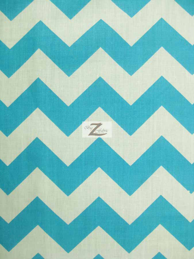 Poly Cotton Fabric 1" Zig Zag Chevron / Turquoise/White / 50 Yard Bolt